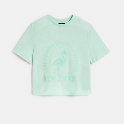 تيشيرت قصير مزين بطبعة عبارة، باللون الأخضر للفتيات